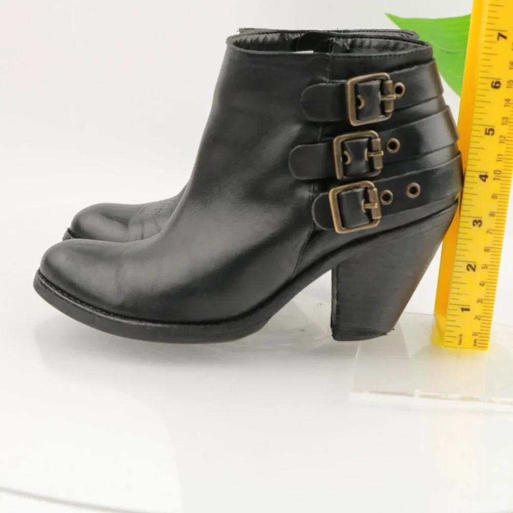 SCHUTZ Womens Sher Boots Size 6.5 Black Leather Triple Buckle Block Heel Booties